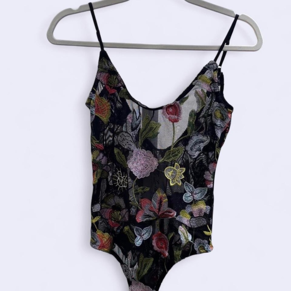 Black Sheer Floral Embroidered Bodysuit